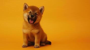 Cheerful Shiba Inu Puppy with Fluffy Coat on Solid Orange Background photo
