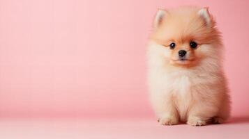 Curious Pomeranian Puppy Sitting on Pink Background with Fluffy Coat photo