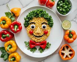 A pasta face made out of vegetables and herbs photo