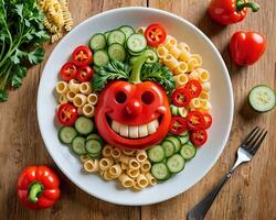 A plate with pasta, vegetables and a smiley face photo