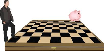 A man is standing on a chess board with a piggy bank vector