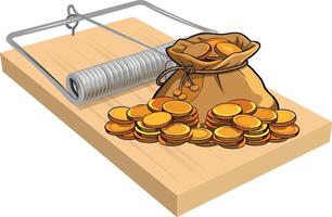 A mouse trap with a bag of coins and a mouse vector