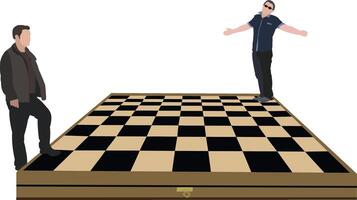 Two men standing on a chess board with one man pointing at the other vector