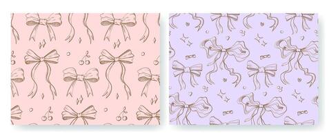 Seamless patterns with hand drawn ribbon bows, decorative elements on pastel background. Two variations. Romantic, vintage, coquette background in sketchy style for decoration, print packaging, fabric vector