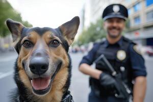 funny police dog with policeman in the background on city street photo