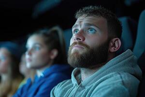 Group of people watching movie in the cinema. Focus on the empathetic man in the foreground photo