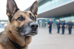 detection dog at the airport in front of the customs guards. photo