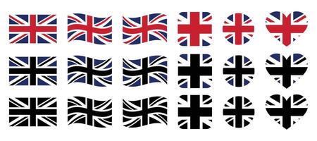 British flag designs in various styles and shapes. British flag icon. vector