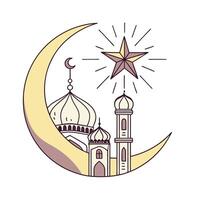 A stylized illustration of a mosque nestled under a crescent moon, featuring a gold dome and white minarets. vector