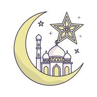 A stylized, outlined illustration of a mosque, crescent moon, and stars in a rich green color. vector