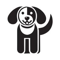 A stylized, black and white graphic of a happy dog, positioned with a bone in the foreground. vector