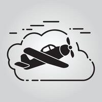 A stylized, black and white icon of an airplane in flight. vector