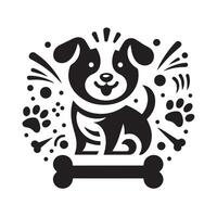 black and white logo featuring a cartoon-style dog with two paw prints vector