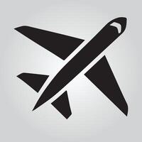 A clean, simple black line drawing of an airplane in flight against a light gray background. vector