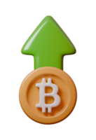 3D illustration of Bitcoin surrounded by green upward arrow, symbolizing Bitcoin growth, market increase, and financial success. Perfect for topics on cryptocurrency, blockchain, and investment png
