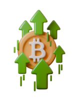 3D illustration of Bitcoin surrounded by green upward arrows, symbolizing Bitcoin growth, market increase, and financial success. Perfect for topics on cryptocurrency, blockchain, and investment png