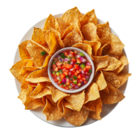Vibrant Nachos with Colorful Salsa Dip on Serving Plate for Appetizing Tex Mex Party Feast png