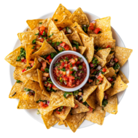 hecho en casa picante mexicano salsa y crujiente tortilla papas fritas en un rústico de madera plato png
