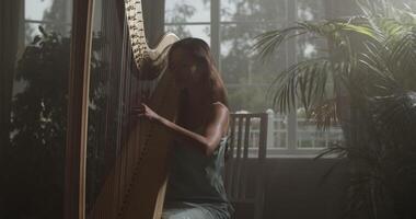 Graceful female harp player performing music in studio with obscure light video