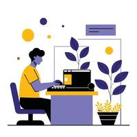 Conceptual Illustration of a Woman Typing on a Computer with Floating Text and Keys vector