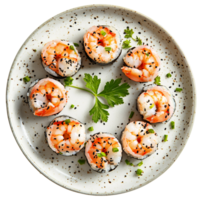 Delicious Shrimp Sushi Rolls Artfully Arranged on a Plate with Lemon and Parsley Garnish png