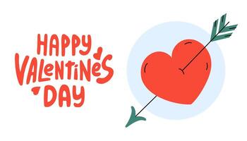 Happy Valentines day simple banner with heart and groovy lettering. An arrow in red heart. Cute flying symbol Cupid. Romantic horizontal Background. flat illustration. vector