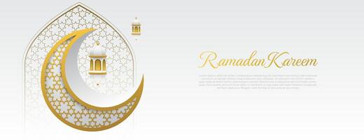 islamic banner background with crescent and lantern in white and gold color vector
