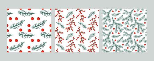 Festive winter patterns featuring red berries and green foliage on a light background vector