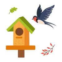 Birdhouse and colorful bird enjoying a sunny day in a vibrant garden setting vector