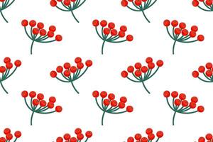 Bright red berries with green stems arranged in a seamless pattern on a white background vector
