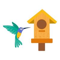 Hummingbird visits wooden birdhouse in a colorful garden setting on a sunny day vector