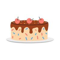 Colorful chocolate cake topped with cherries and sprinkles on a white plate vector
