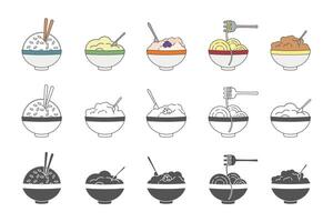 minimalistic line icons with side dishes rice, buckwheat, spgetti, oatmeal, millet in a bowl with a fork vector