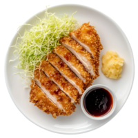 Crispy Fried Chicken Breast Served on a Plate with Green Salad and Dipping Sauce png