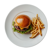 Delectable Burger with Crisp Fries on a White Plate Against a Plain Background png