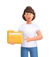 Young smiling woman Jane holding folder with file or document. Business, file management concept. 3d people character. Cartoon minimal style. vector