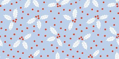 Holly leaves with berries seamless pattern. Simple frosty winter holiday season background. Block print style repeat design. vector