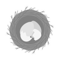 Whole and cracked eggs in birds nest made sprigs in grayscale. Easter or spring greeting design idea. Isolate illustration Thematic cards, posting, blogging or web promo leaflet, banner, prices vector