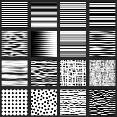 Black white abstract background, curved horizontal stripes and dots pattern. Optical art, dynamic different texture set