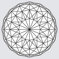 Rounded shape with triangles grid segments. Polygon mesh sphere, sacred geometry. Mandala circle ornament. Lattice of geometric shapes. Abstract figure. Platonic bodies. Pentagram sign vector