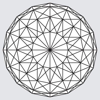 Rounded shape with triangles grid segments. Polygon mesh sphere, sacred geometry. Mandala circle ornament. Lattice of geometric shapes. Abstract figure. Platonic bodies. Pentagram sign