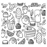 a coloring page with a variety of sweets and desserts vector
