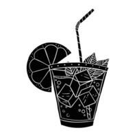 a black and white illustration of a cocktail with a slice of lemon vector