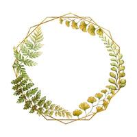 Polygonal frame with fern leaves botanical card template in earth tone. Hand drawn watercolor floral element with thin gold. Perfect for the use of ecological material and modern designs. vector