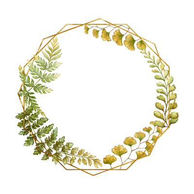 Polygonal frame with fern leaves botanical card template in earth tone. Hand drawn watercolor floral element with thin gold. Perfect for the use of ecological material and modern designs.