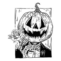 a black and white drawing of a pumpkin with a rose vector