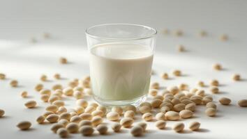 Glass of Soy Milk with Soybeans Scattered Around photo