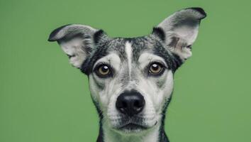 A close up of a dog with a green background photo