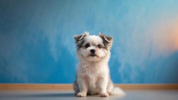 A small white and gray dog sitting in front of a blue wall photo