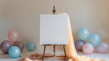 blank canvas on easel surrounded by soft balloons and draped fabric creates serene atmosphere photo